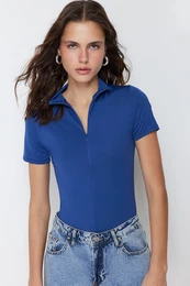 Dark Indigo Zipper High Neck Zippered Short Sleeve Flexible Snaps Knitted Body