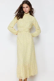 Yellow Floral High Neck Waist Detailed Lined Chiffon Woven Dress