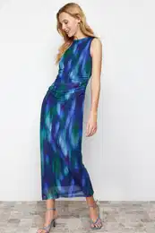Multi-Colored Gather/Drape Detailed Patterned Fitted Maxi Flexible Knitted Pencil Dress