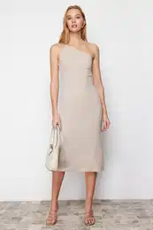 Fitted Midi Crepe Knitted Dress with Stone Straps