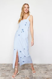 Blue A-Line Embroidered Square Neck Maxi Woven Dress