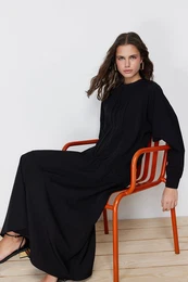 Black Ruffle Detailed Woven Dress