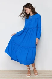 Blue Piping Detailed Woven Dress