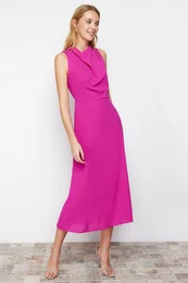 Pink Degaje Neck Skirt Cut Detail Midi Woven Dress