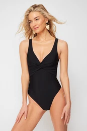Black V-Neck Knotted Regular Swimsuit