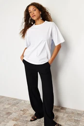 White Striped Poplin Detail Oversize/Wide Fit Knitted T-Shirt