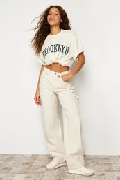 Ecru Loose Cut High Waist Carpenter Skater Jeans