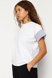 White Relaxed Poplin Sleeve Detailed Knitted T-Shirt