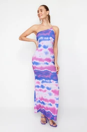 Blue-Multicolor Gradient Patterned One-Shoulder Knitted Long Evening Evening Dress