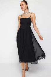 Black A-Line Lined Corset Detailed Woven Tulle Elegant Evening Dress