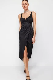 Black Draped Wrap Knitted Satin Dress
