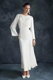 Cream Rose Detailed Wedding / Special Occasion Woven Satin Evening Dress