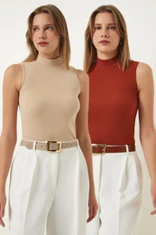 Happiness stanbul Women's Tile Cream Turtleneck Sleeveless 2 Pack Knitted Blouse