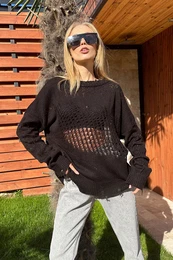 Trend Alaat Stili Women's Black Crew Neck Openwork Knitwear Sweater