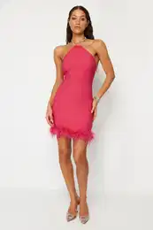Fuchsia Body-Sit A-line Shiny Stone Woven Short Elegant Evening Dress