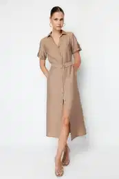 Mink Belted Midi Woven Shirt Dress