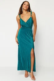 Emerald Green Belted A-Cut Lined Pleated Knitted Elegant Evening Dress