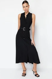 Black Belted Midi Woven Shirt Dress
