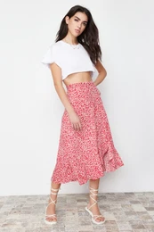 Red Printed High Waist Flexible Skirt with Gather Detail and Flounce