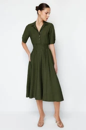Khaki A-line Shirt Collar Guiped Midi Woven Dress