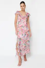 Pink Floral Ruffle Chiffon Lined Maxi Woven Dress