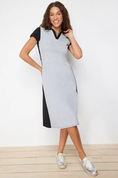 Black Polo Neck Color Blocked Skater/Waisted Cotton Stretchy Knitted Midi Dress
