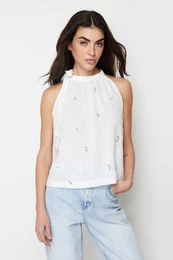 Ecru Halter Embroidery Detail Woven Blouse