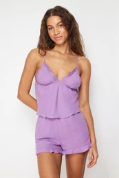 Purple Lace and Ruffle Detail Woven Pajama Set with Rope Strap Shorts
