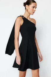 Black Skirt Flounce Mini Woven Dress with Accessory Detail