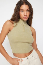Khaki Vintage/Faded Effect Fitted Zippered Corded Cotton Stretchy Knitted Blouse