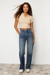 Dark Blue Cuff Detailed High Waist Wide Leg Jeans