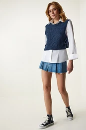 Happiness stanbul Women's Navy Blue Motif Tied Crop Knitwear Sweater