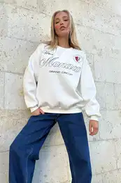 Trend Alaat Stili Women's Ecru Crew Neck Embroidery Embroidered Printed 3 Thread Inner Raising Sweatshirt