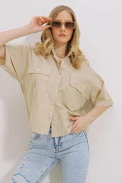 Women's Dark Beige Double Pocket Half Sleeve Linen Shirt
