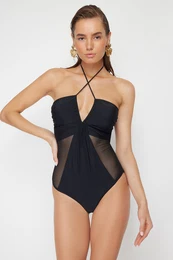 Black Strapless Mesh Detailed High Leg Regular Swimsuit