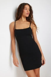 Black Strap Square Neck Bodycone/Fitting Stretchy Knitted Mini Pencil Dress
