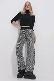Trend Alaat Stili Women's Black-Cream Ethnic Patterned High Waist Knitwear Palazzo Trousers