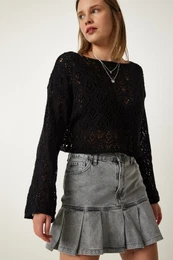 Happiness stanbul Women's Black Boat Neck Openwork Seasonal Crop Knitwear Sweater