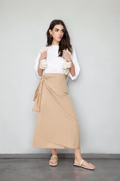 Camel Double Breasted Tie Detailed Woven Linen Look Skirt