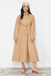 Camel Cord and Zipper Detailed Woven Dress