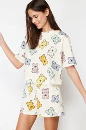 Ecru 100% Cotton Teddy Bear Shorts Knitted Pajama Set