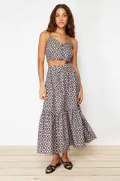 Multicolored Patterned Flared Maxi Length Woven Skirt