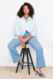 Curve Light Blue Stitch Detail Flare Fit Denim Jeans