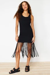Black Tasseled Pool Neck Knitted Midi Dress