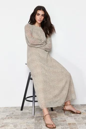 Brown Lined Flower Pattern Belted Woven Dress