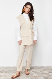 Stone Linen Look Vest Trousers Woven Bottom Top Set