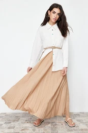 Beige Pleated Knitted Long Skirt