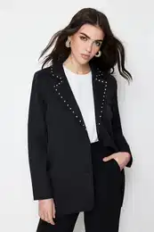 Black Collar Stone Detailed Woven Jacket