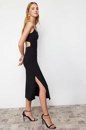 Black Cut Out Detailed Slit Body Fitted Strap Midi Flexible Knitted Pencil Dress