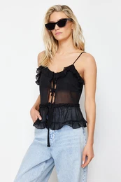 Black Regular/Normal Pattern Tulle Tie Detail Elastic Knitted Blouse with Straps